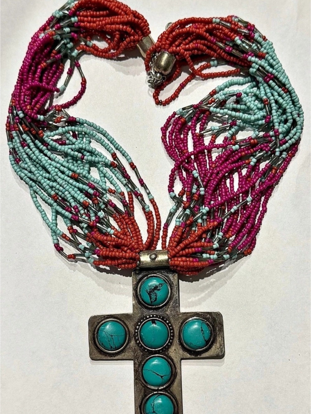 Turquoise Beaded Cross Statement Necklace Like New